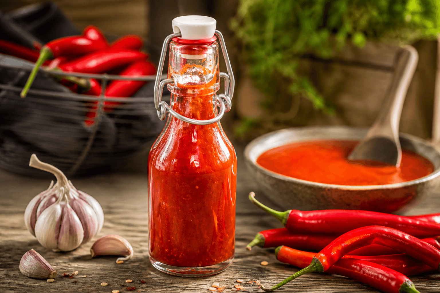 Hjemmelavet sriracha i flaske