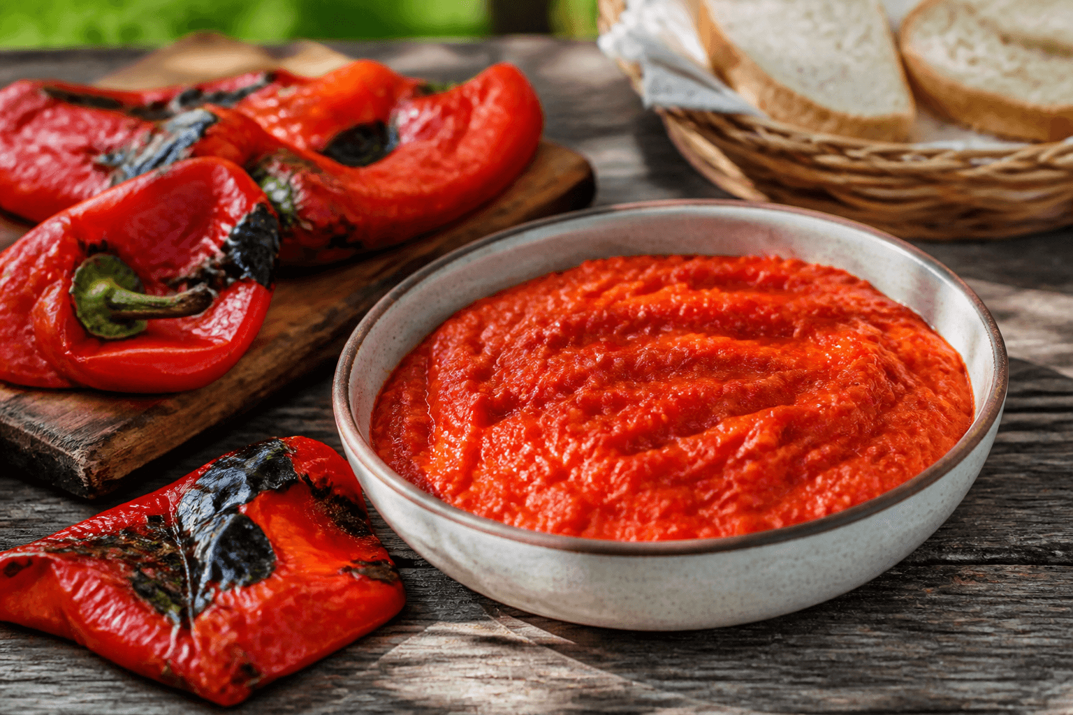 Hjemmelavet ajvar i skål med grillede peberfrugter