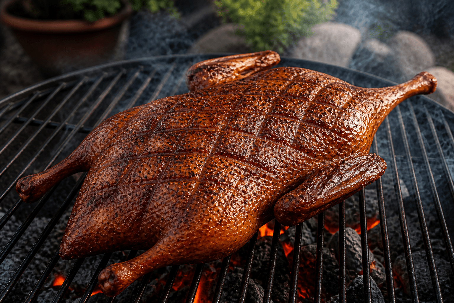 Andesteg med sprødt skind på grill