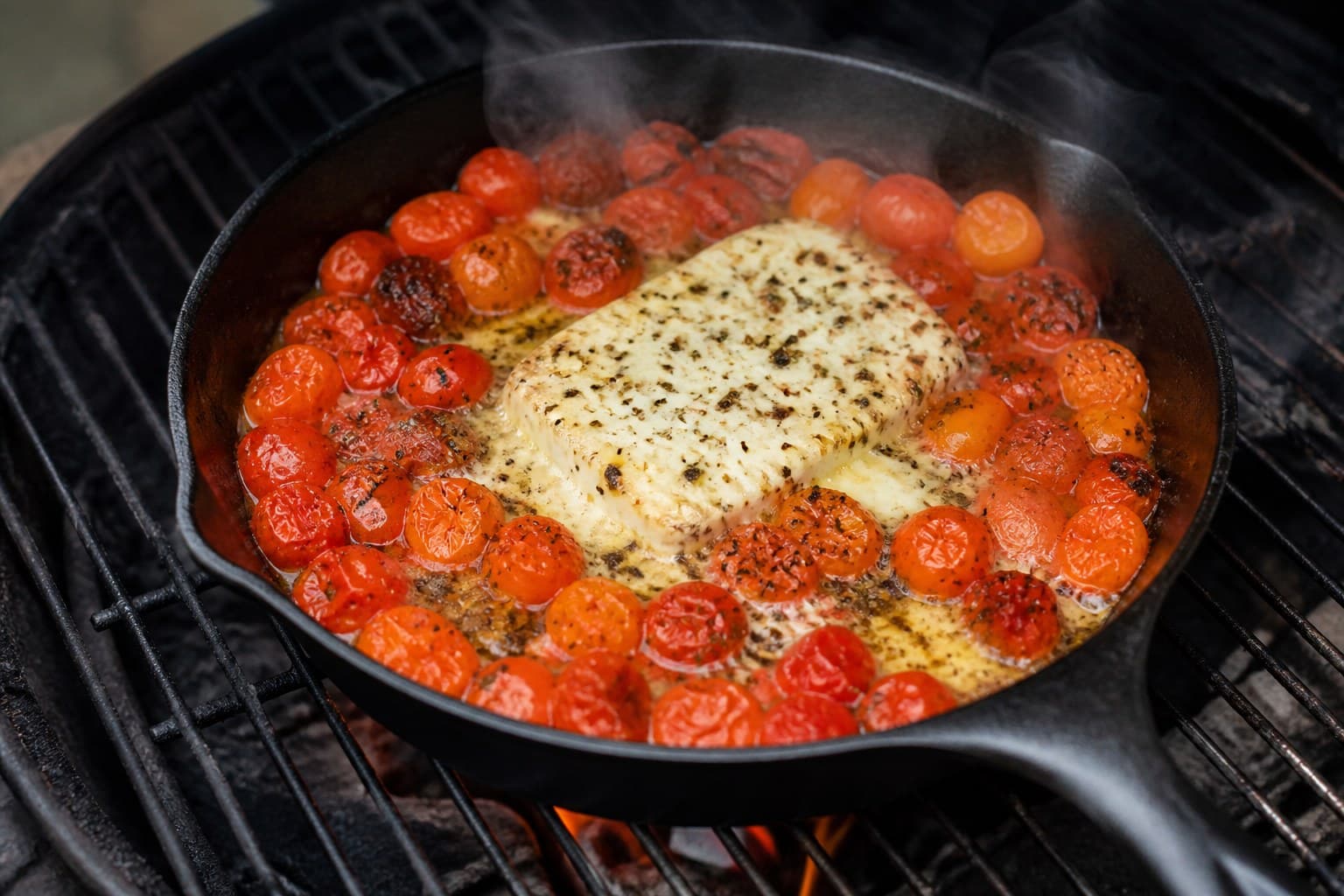 Baked feta pasta i støbejern på grillen med røg