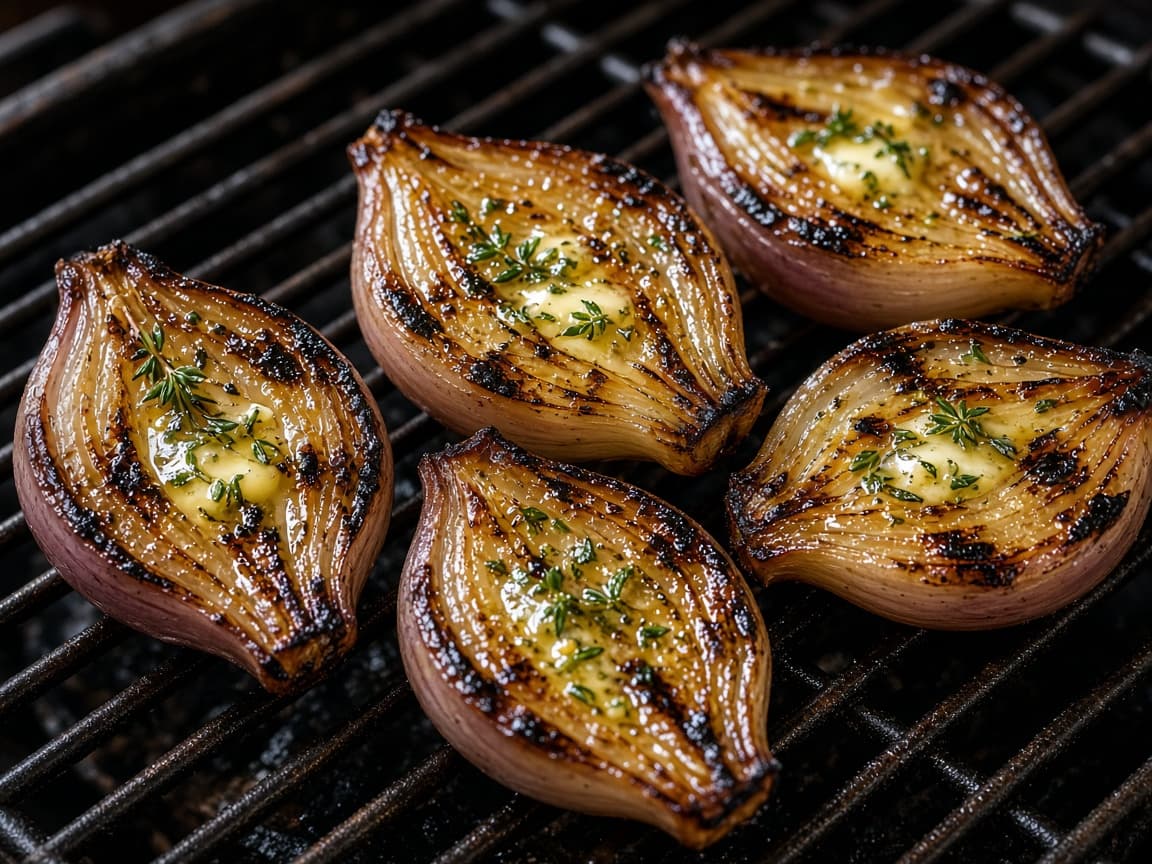 Grillede banan-skalotteløg med timiansmør