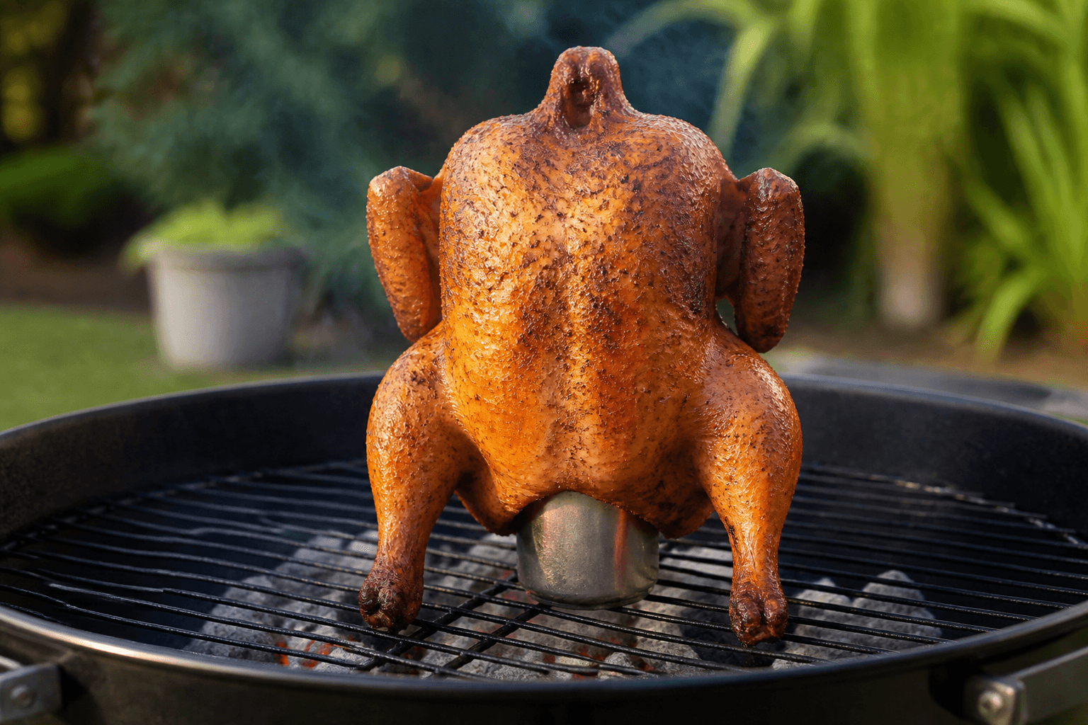 Hel kylling grillet opretstående over øldåse på grill