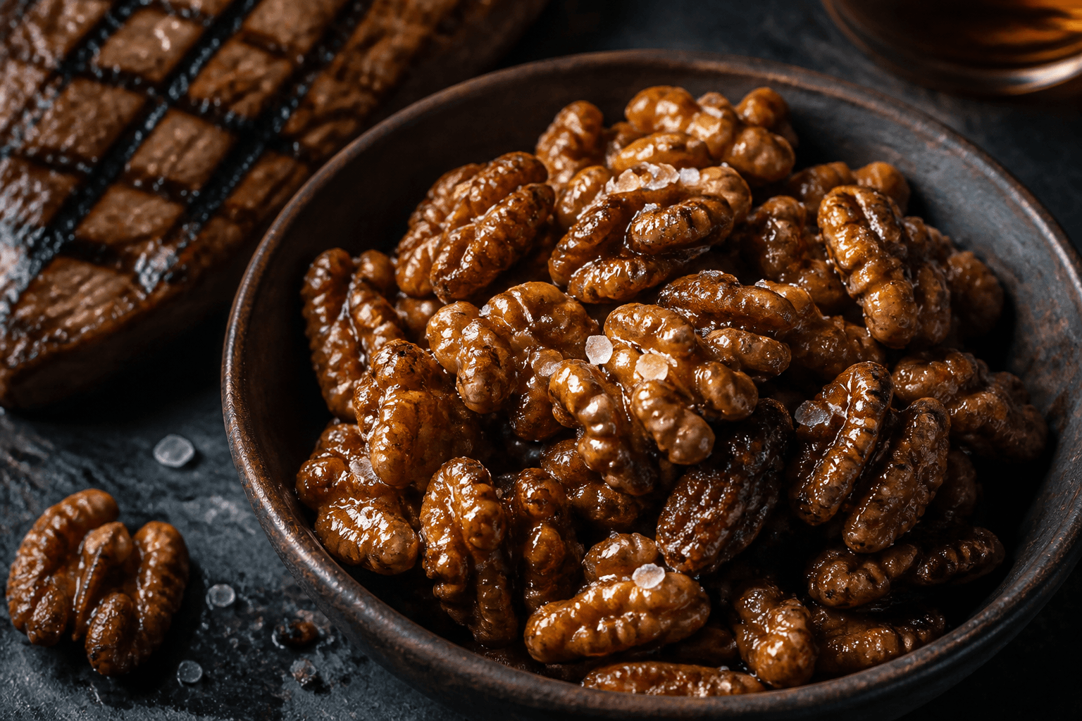 Glaserede valnødder med bourbon, ahorn og groft salt