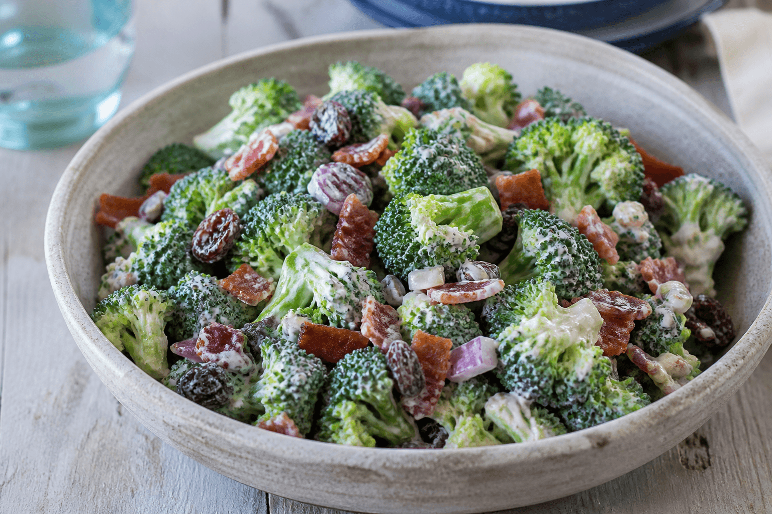 Klassisk broccolisalat med bacon og rosiner