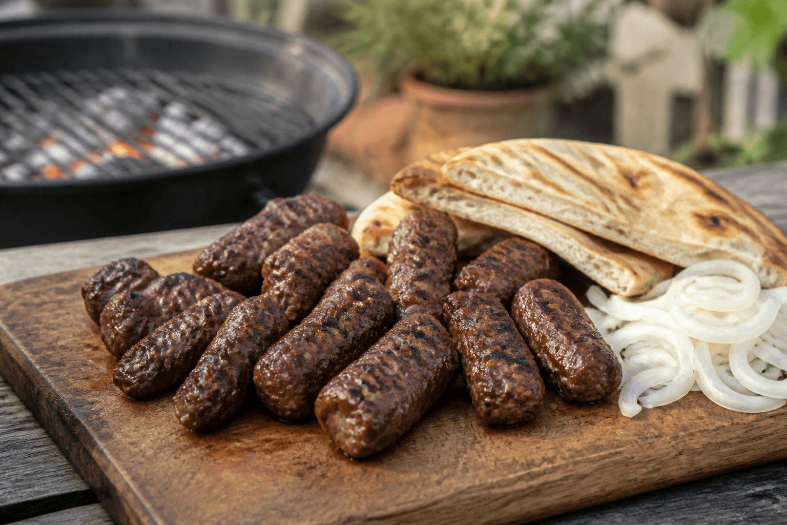 Grillede ćevapi med løg og lepinja på fad