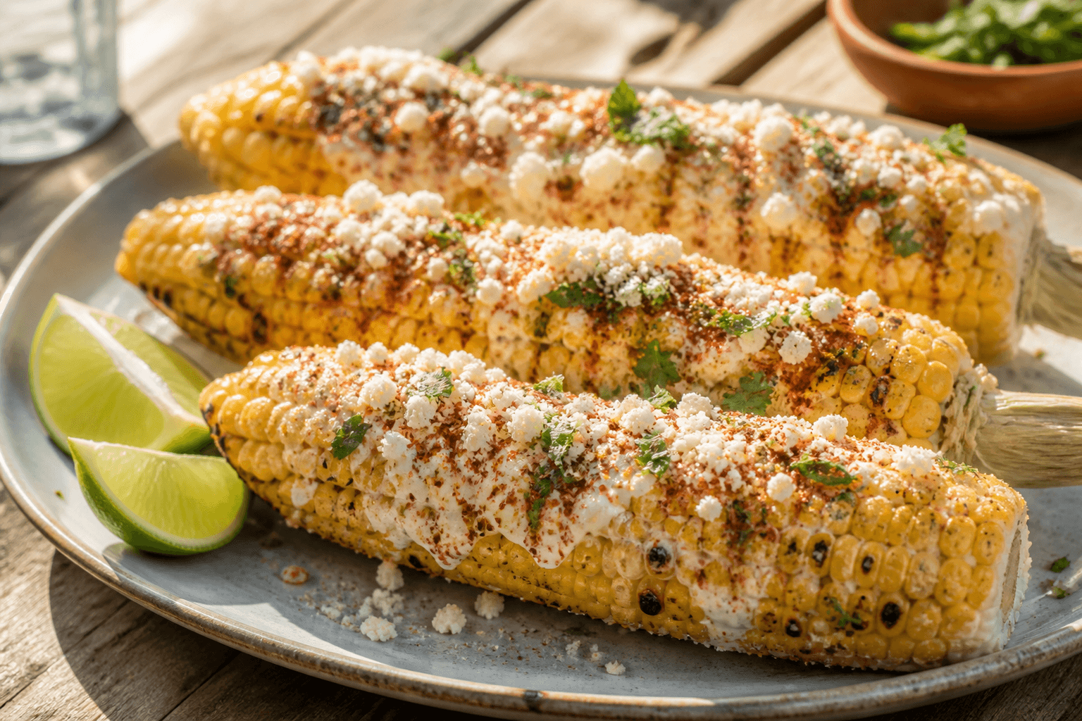 Grillede elote-majskolber med mayo, feta og chili