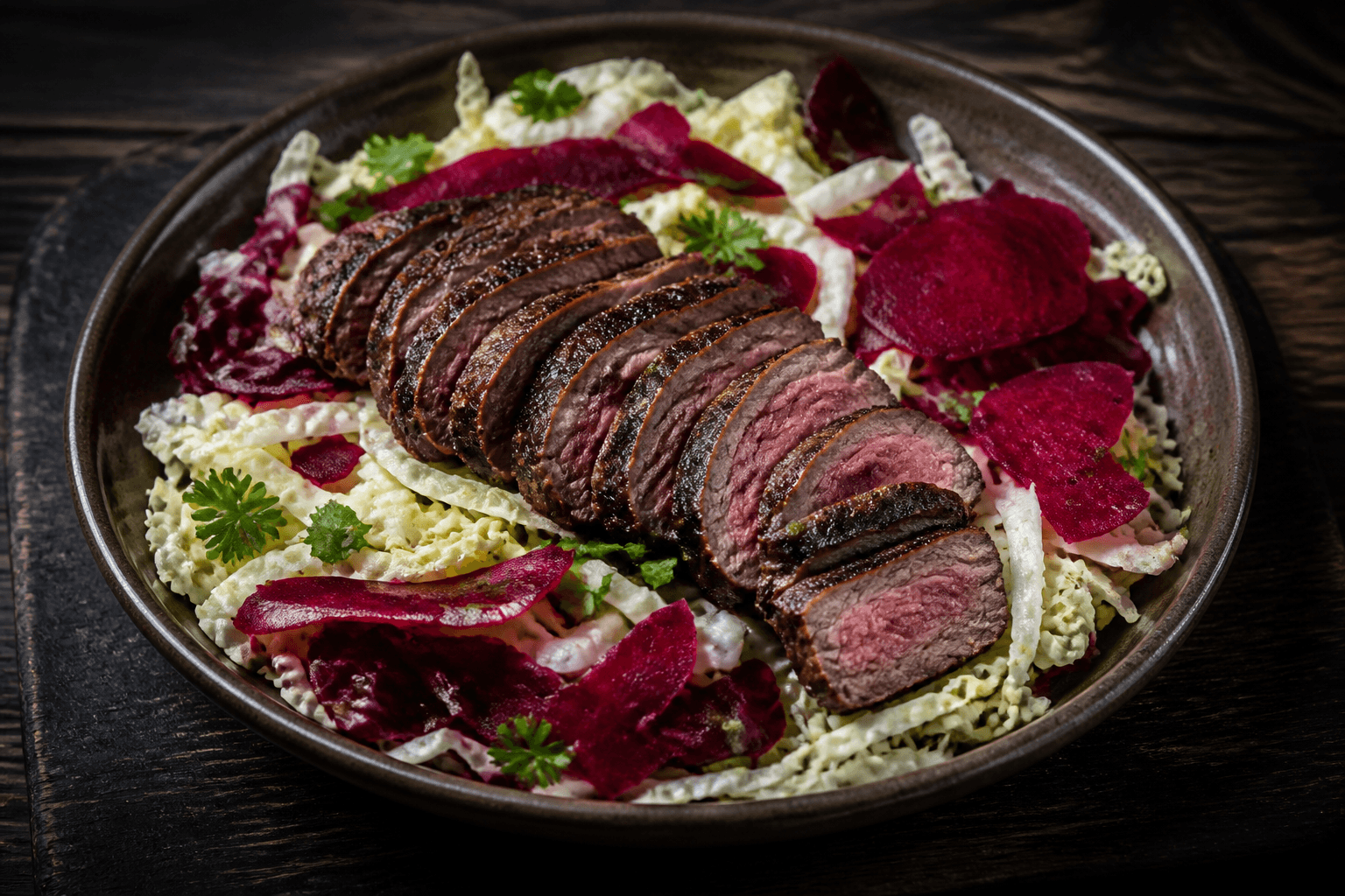 Skiver af grillet flanksteak med rødbede- og kålsalat