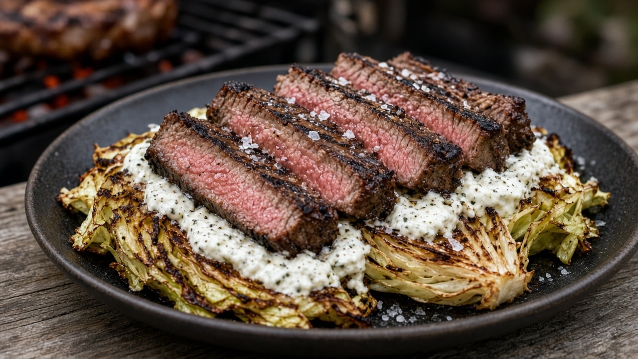 Flanksteak-salat med røget hytteost-dressing og spidskål
