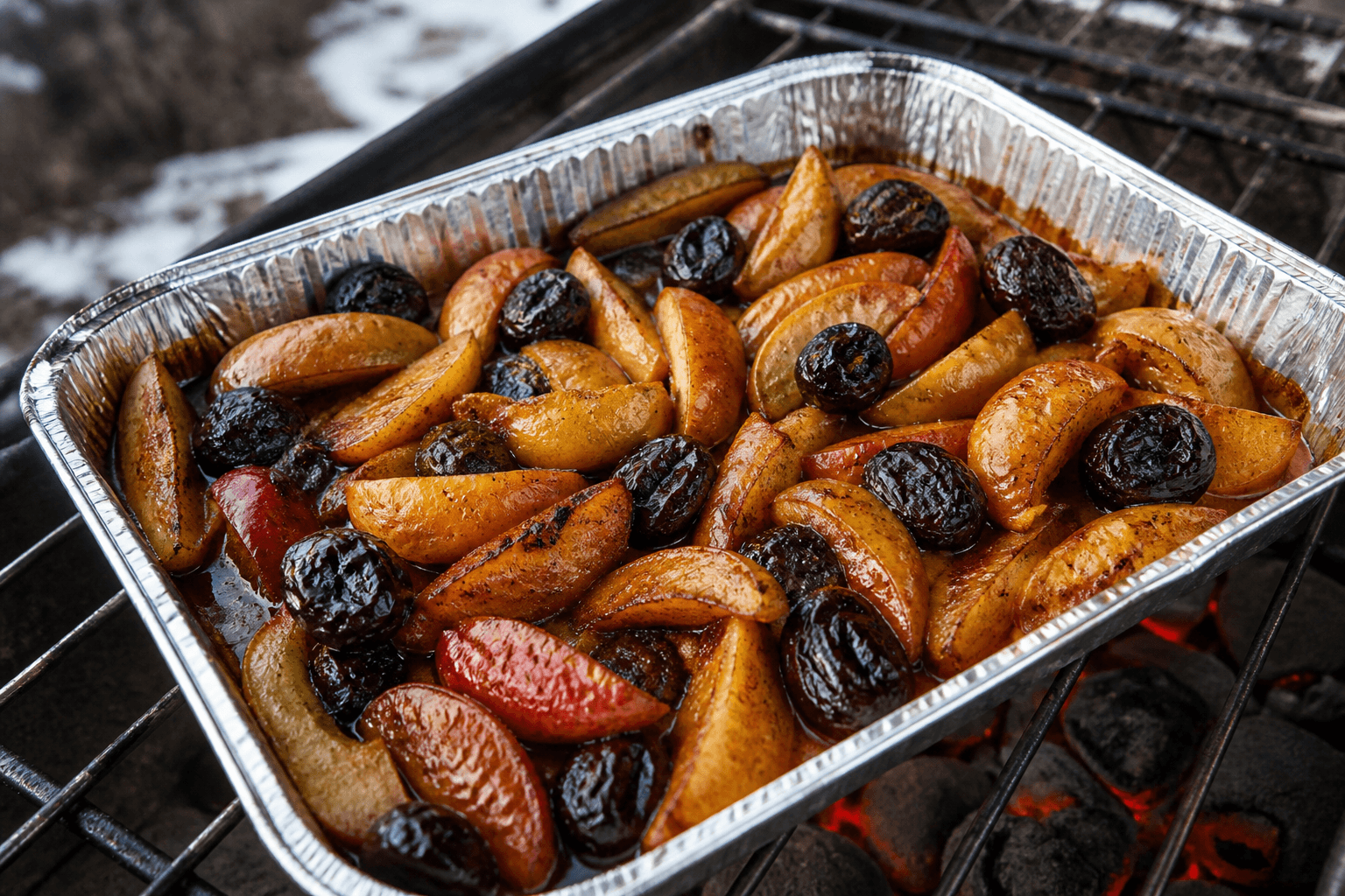 Grillede æbler og svesker i foliebakke med stegesky