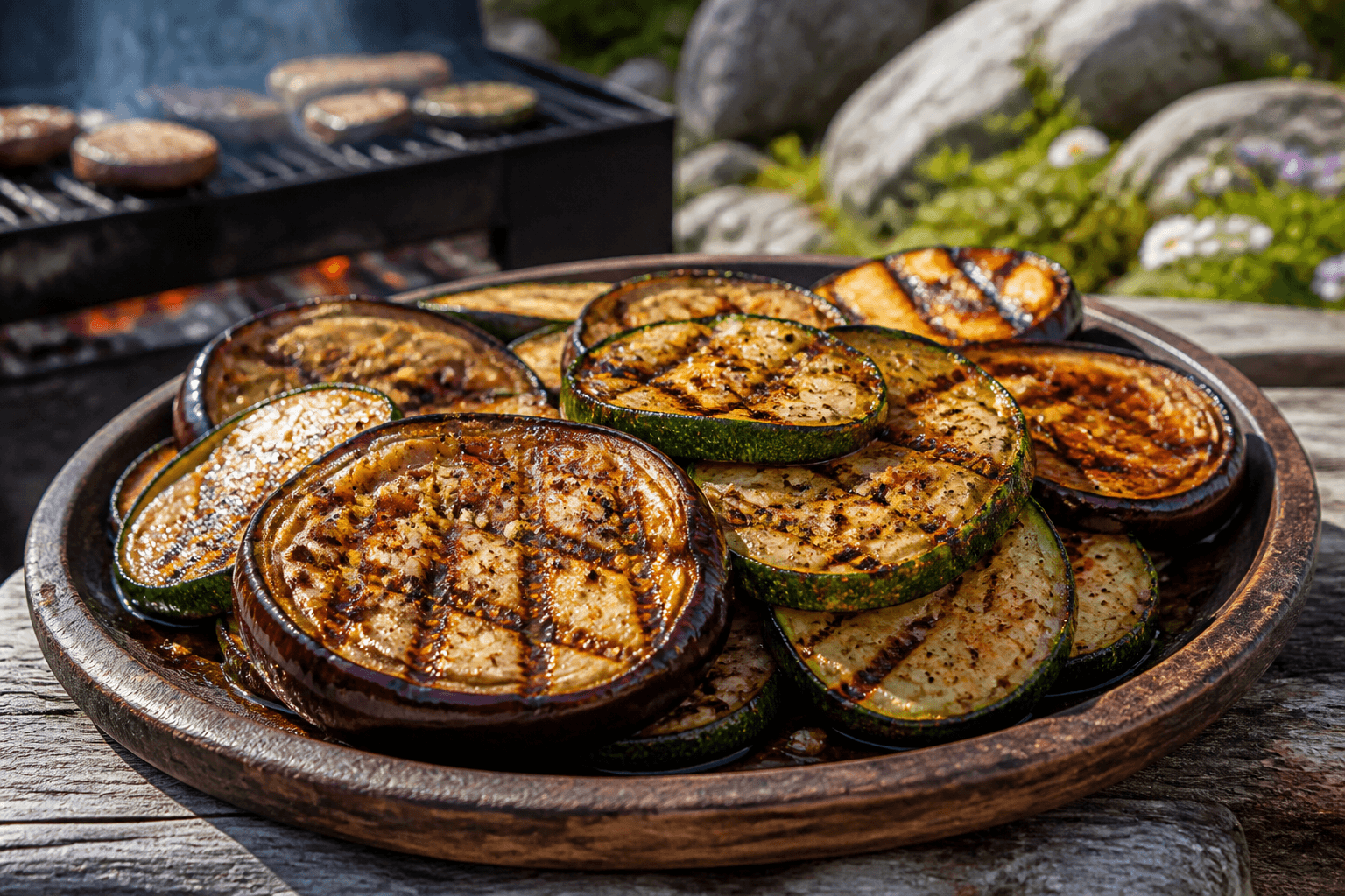 Grillede auberginer og squash med hvidløgsolie