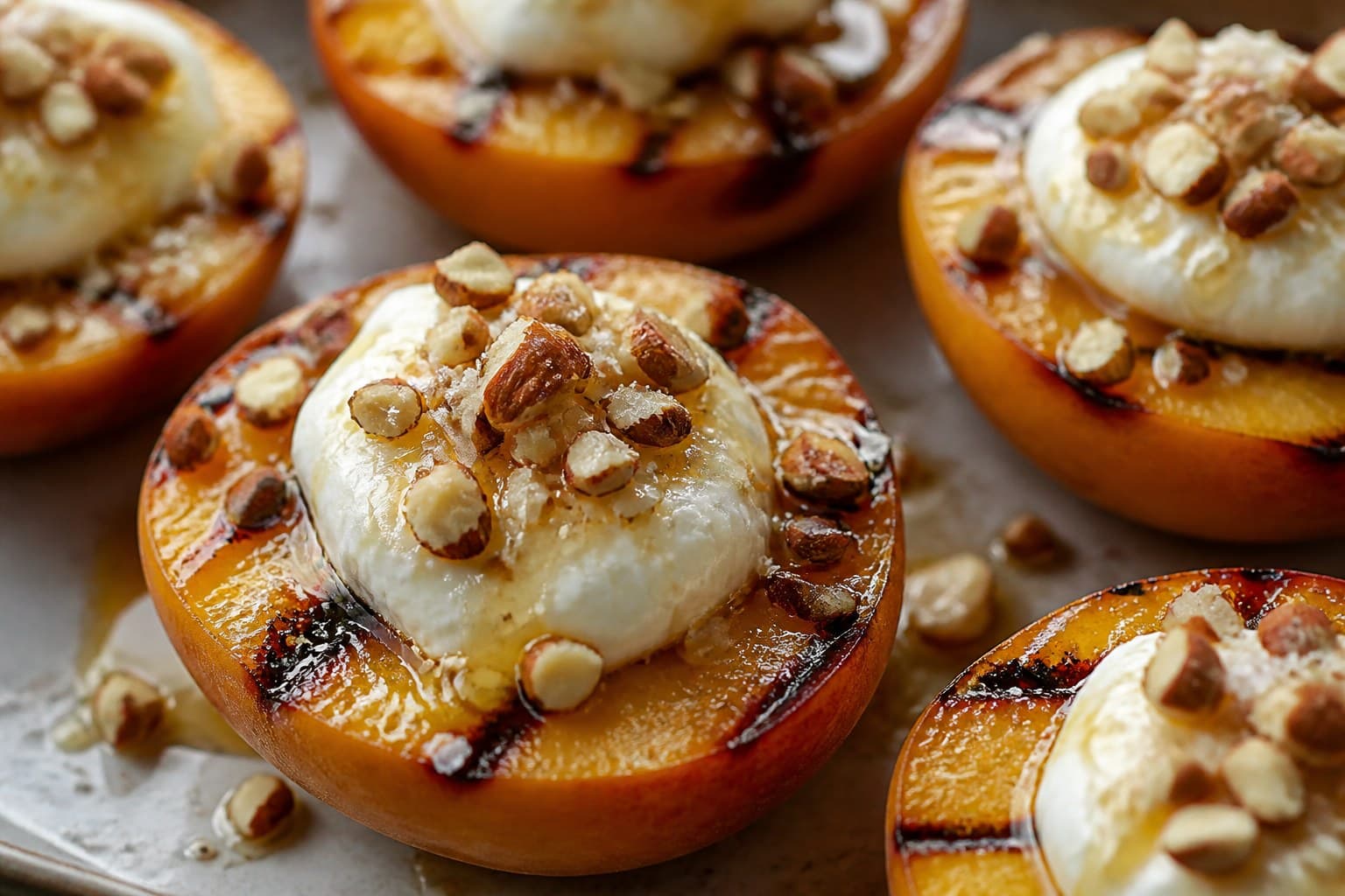 Grillede ferskner med mascarpone, honning og saltet knas