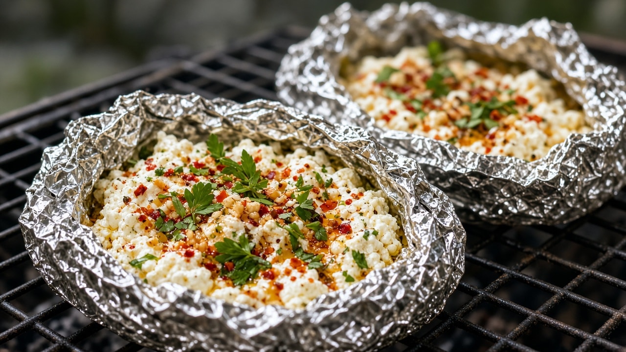 Grillede hytteost-pakker åbnet med urter og chili
