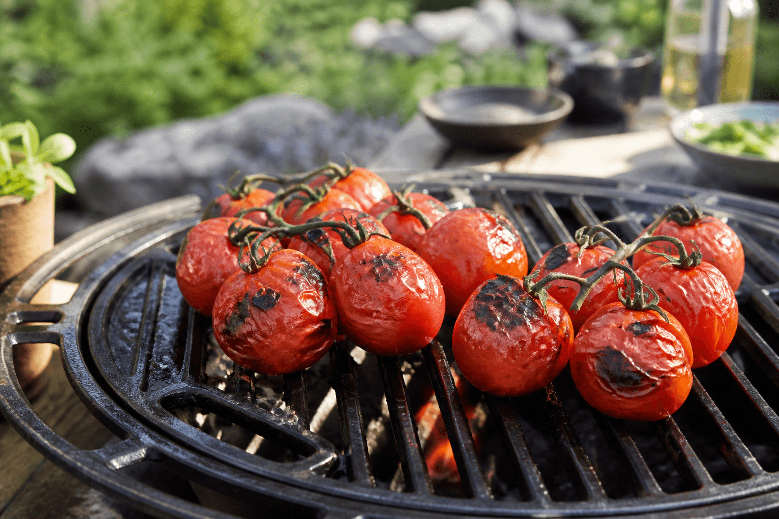 Grillede tomater på stilk med svedne skaller
