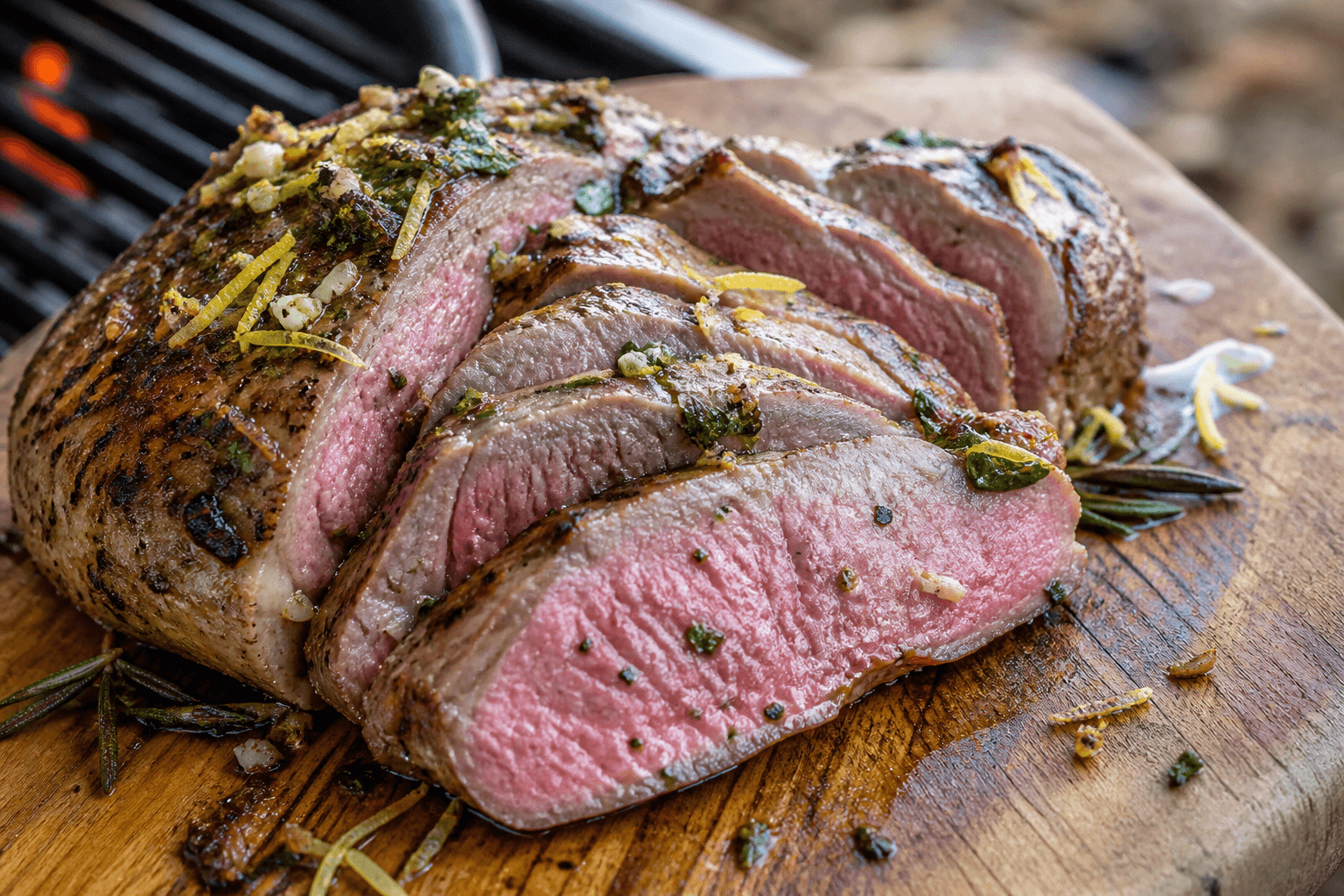 Grillet kalveculotte i skiver med urter og citronskal