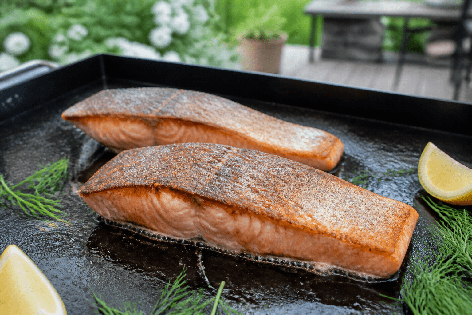 Hel lakseside grillet på skindet med citron