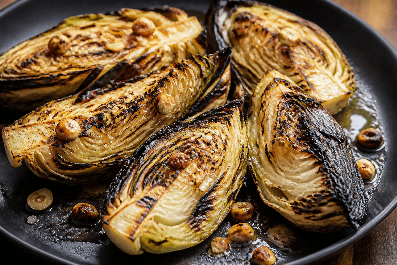 Grillet spidskål med sorte kanter, brunet smør og hasselnødder