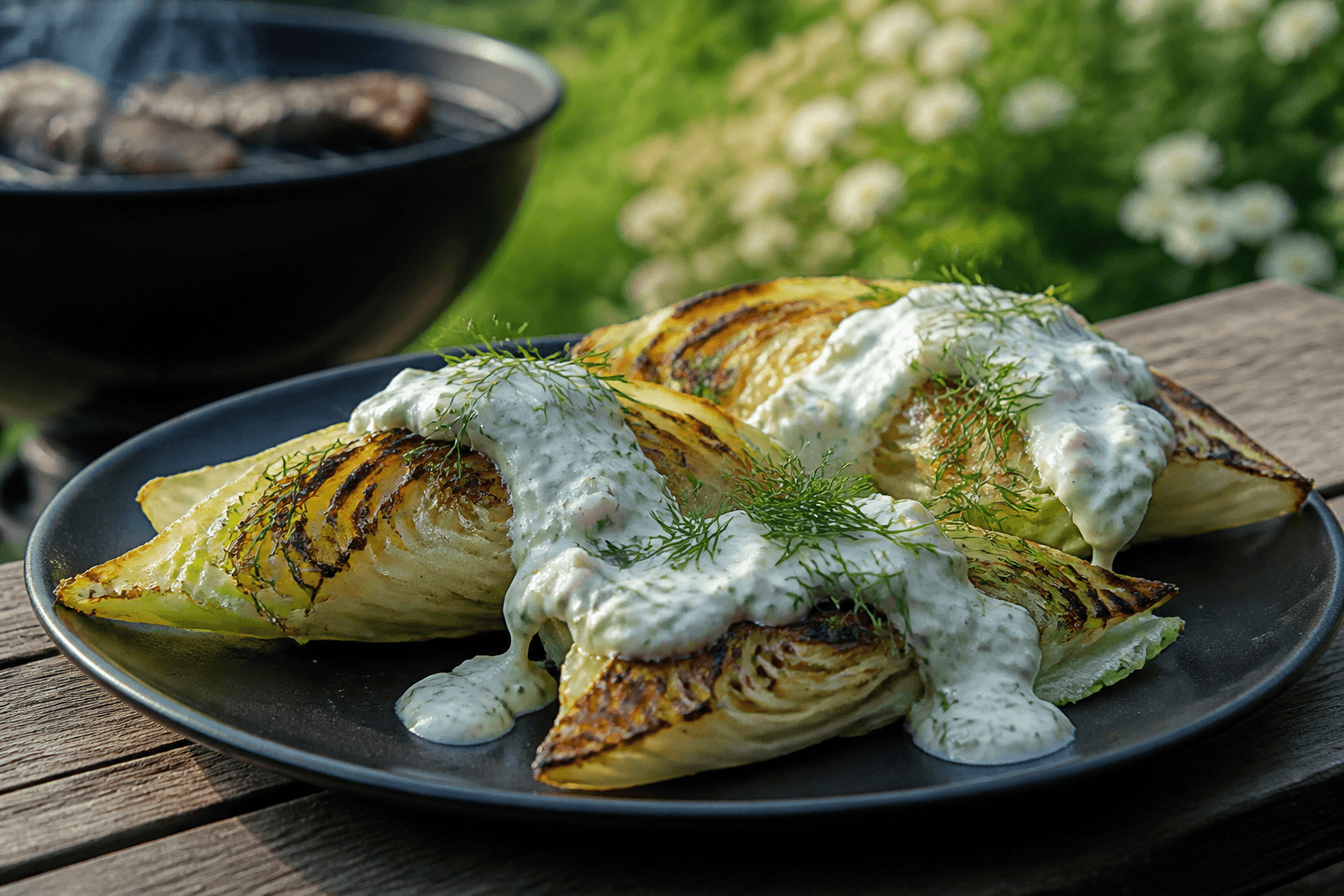 Grillede spidskålsbåde med mormordressing og dild