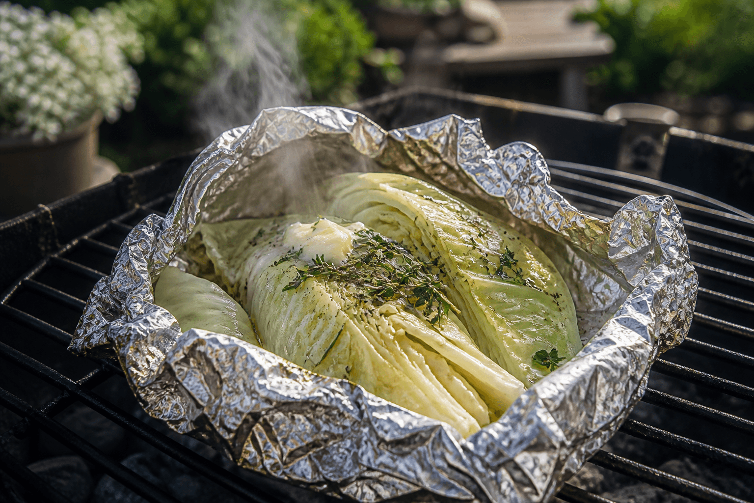 Spidskål grillet i foliepakke med smør og urter
