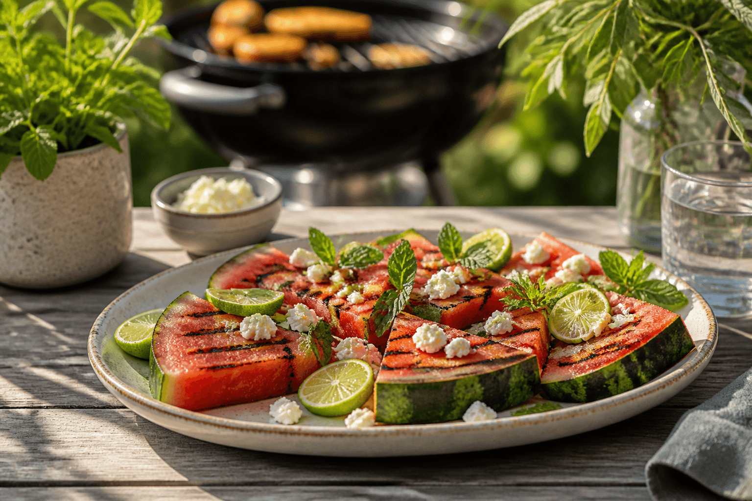 Grillet vandmelon med feta, mynte og lime