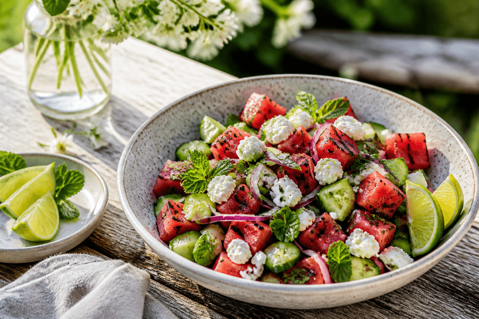 Sommersalat med grillet vandmelon, feta, agurk og mynte