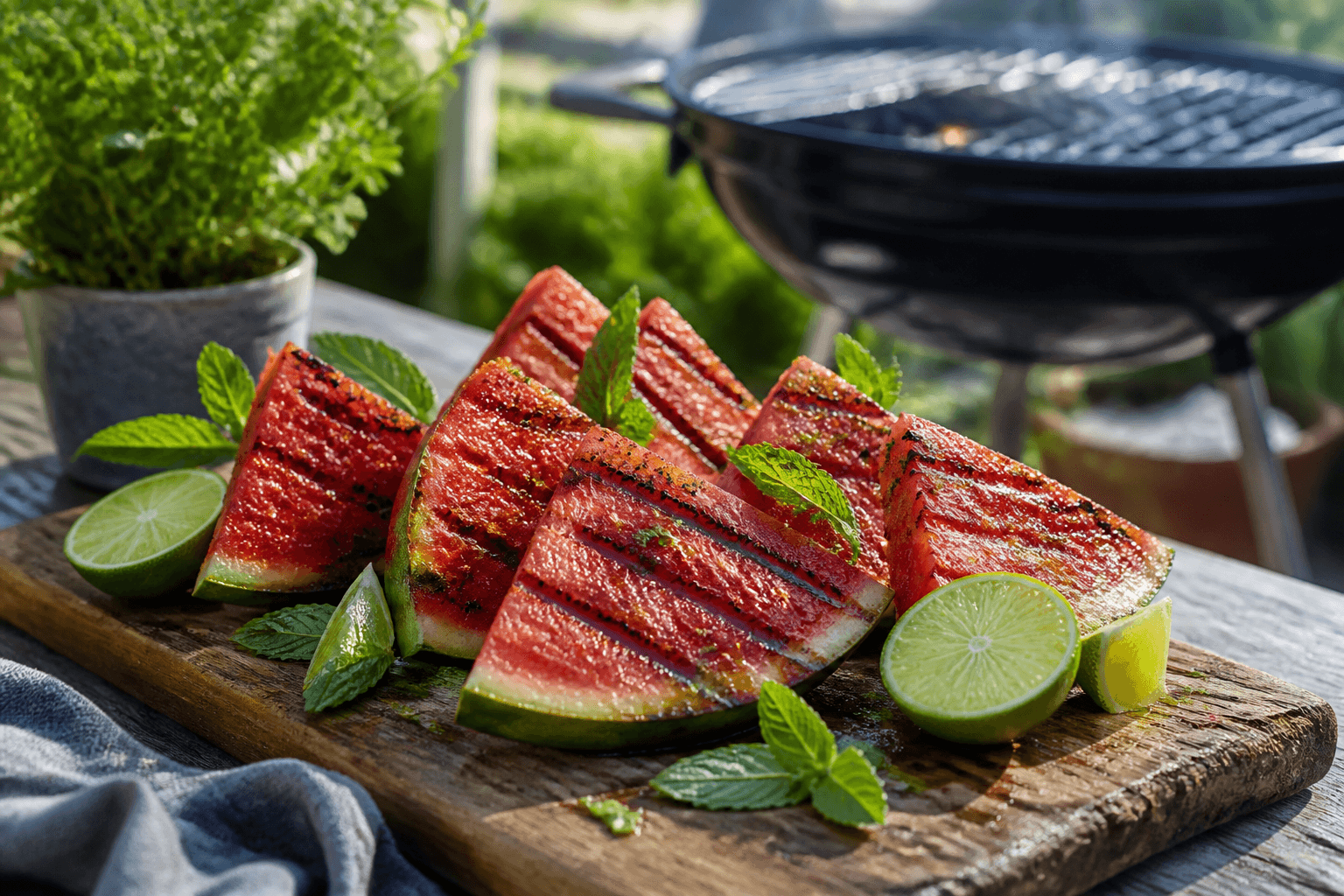 Grillede vandmelonskiver med grillstriber, lime og mynte