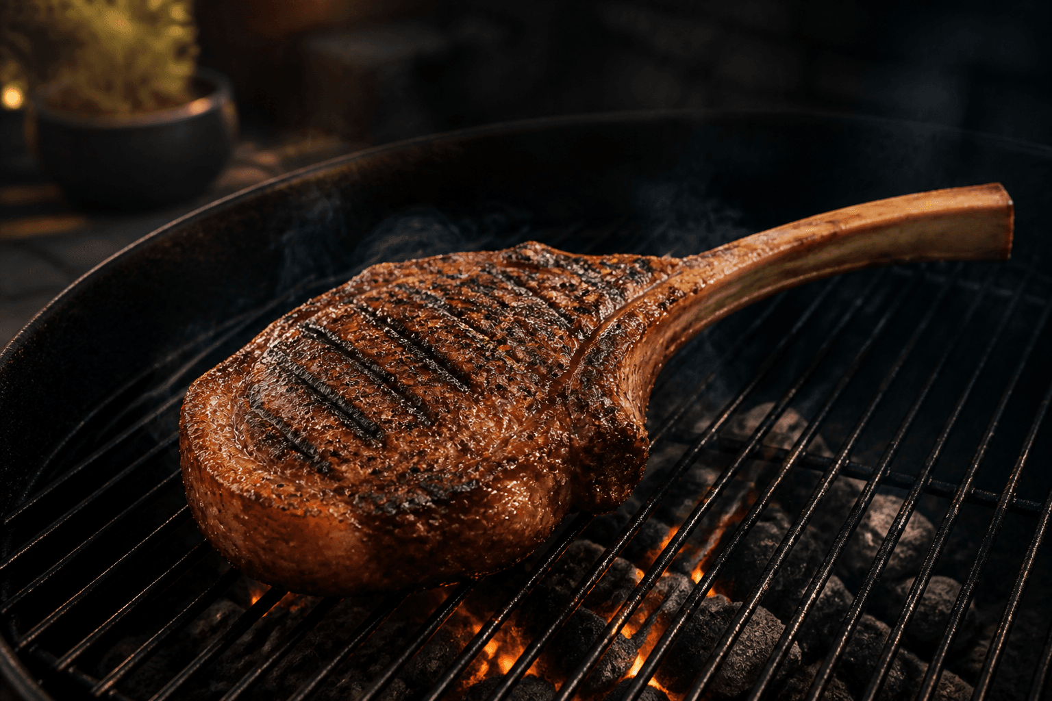 Gris tomahawk på grill med grillstriber og langt ben