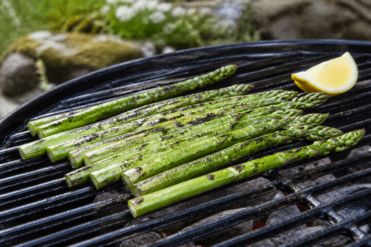 Grillede grønne asparges med grillstriber på fad