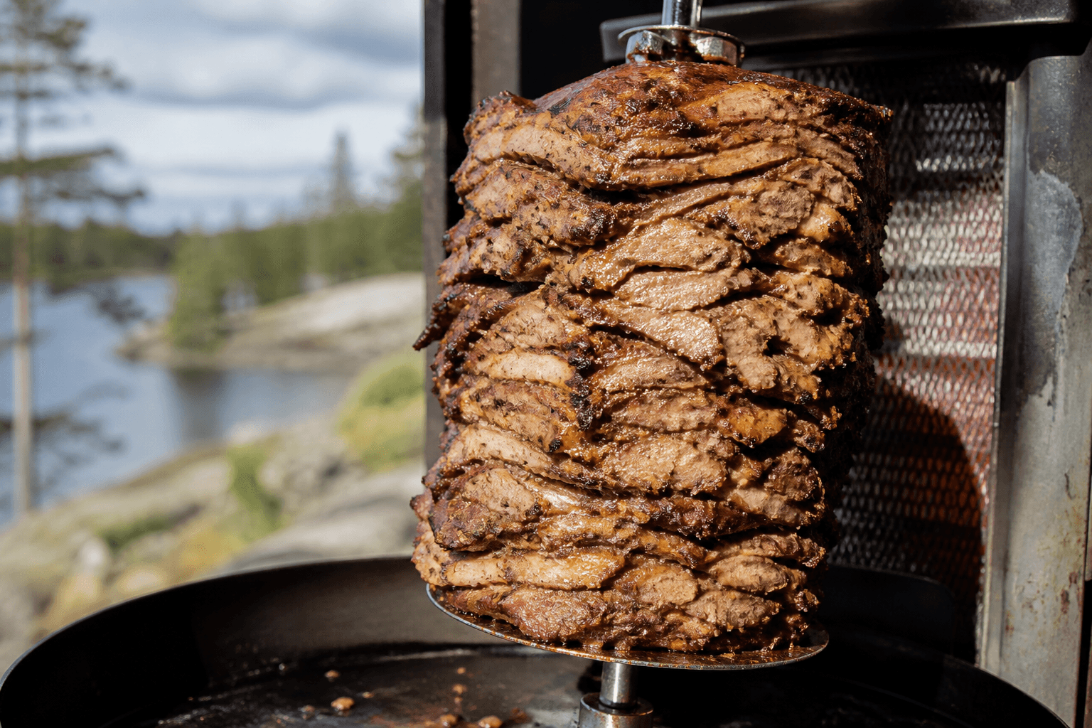 Hjemmelavet gyros stablet på rotisseri-spyd