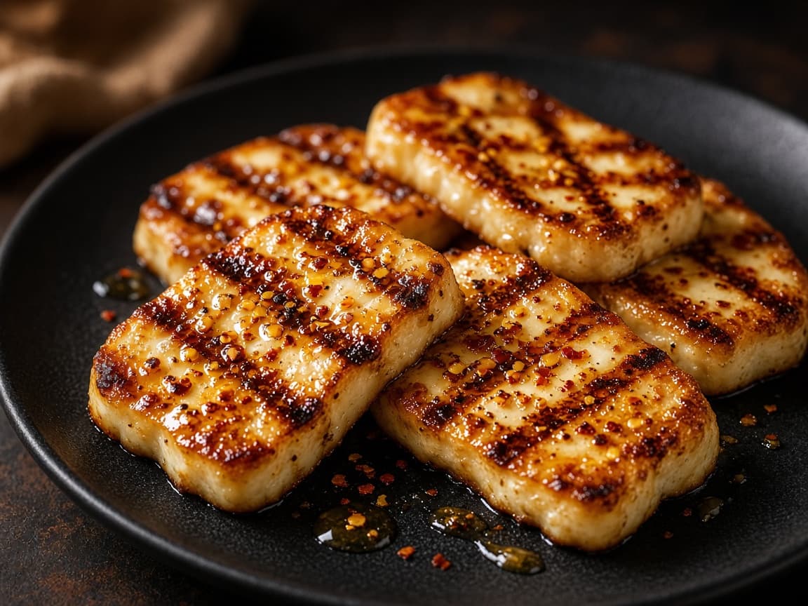 Grillede halloumi-skiver med honning og chiliflager