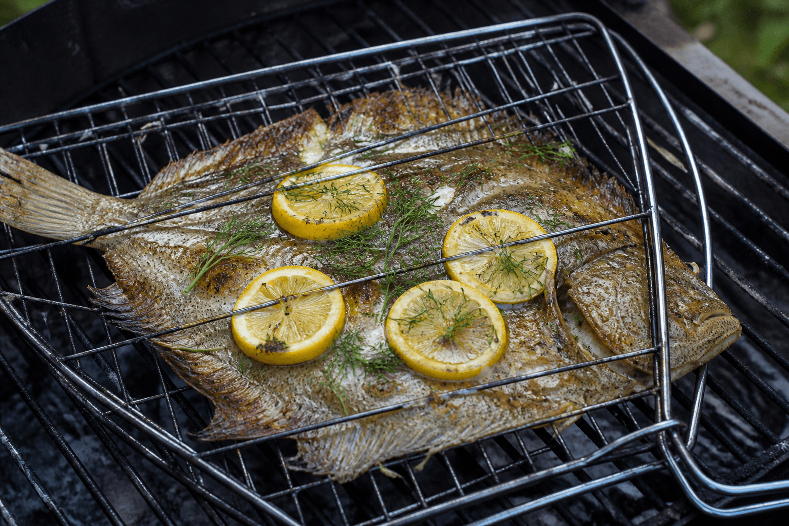 Hel grillet rødspætte i fiskekurv med citron og dild