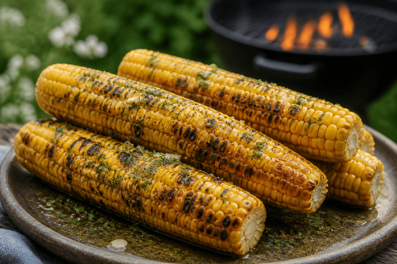 Grillede majskolber penslet med hvidløgssmør