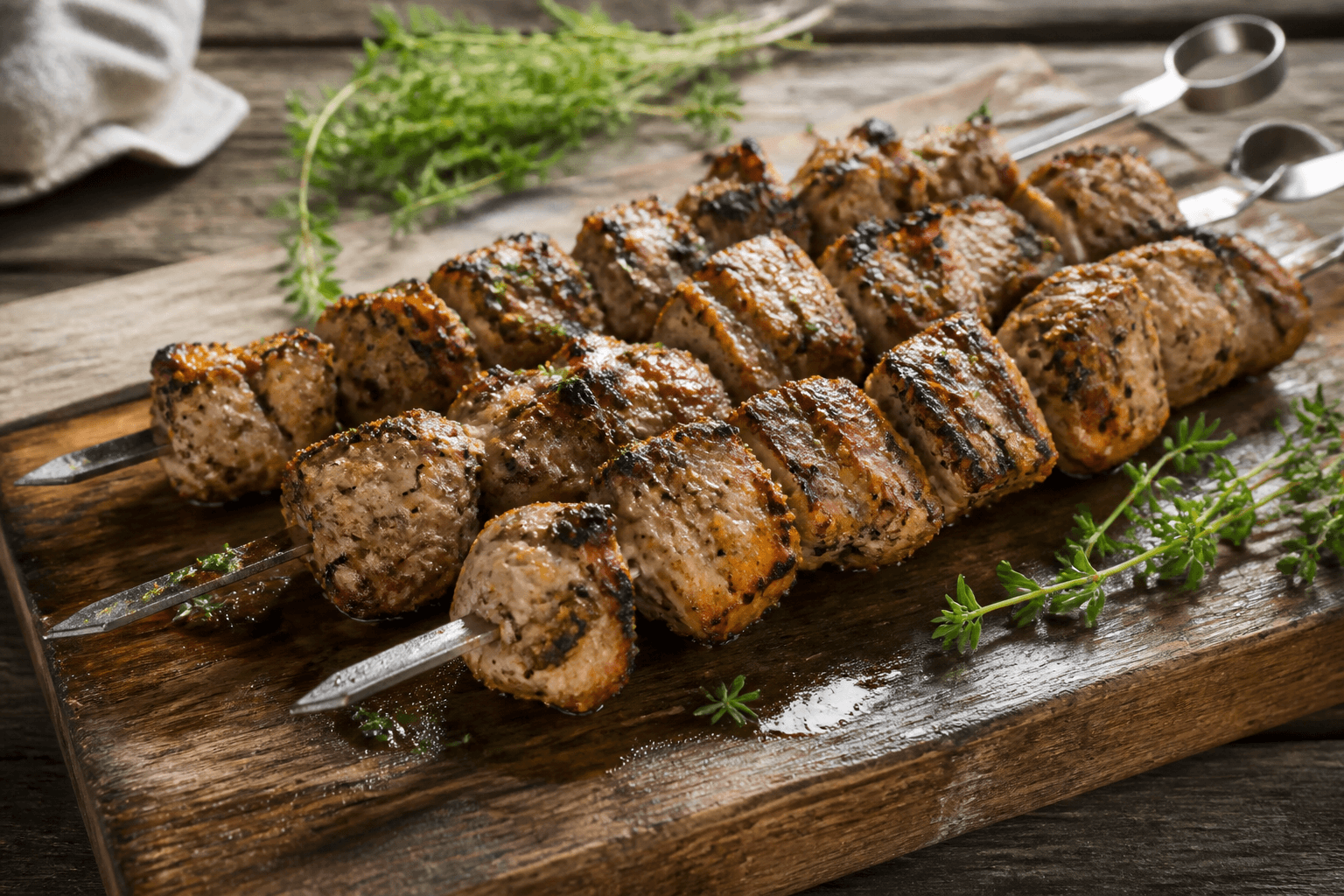 Grillede mørbradspyd med sennep og timian