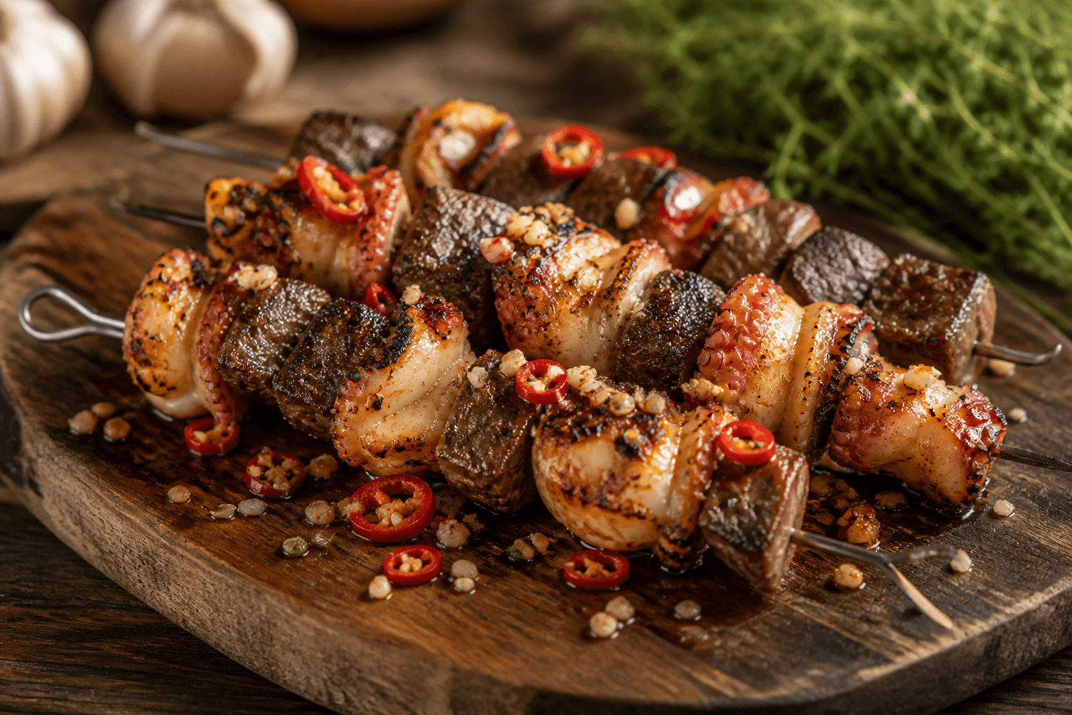 Grillede spyld med oksehjerte, hvidløg og chili