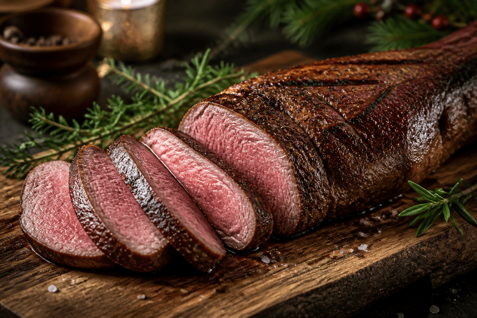 Helstegt oksemørbrad på grill skåret i rosa skiver