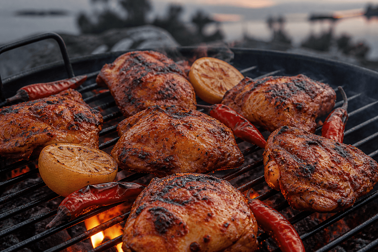 Flammegrillede kyllingelår penslet med piri-piri