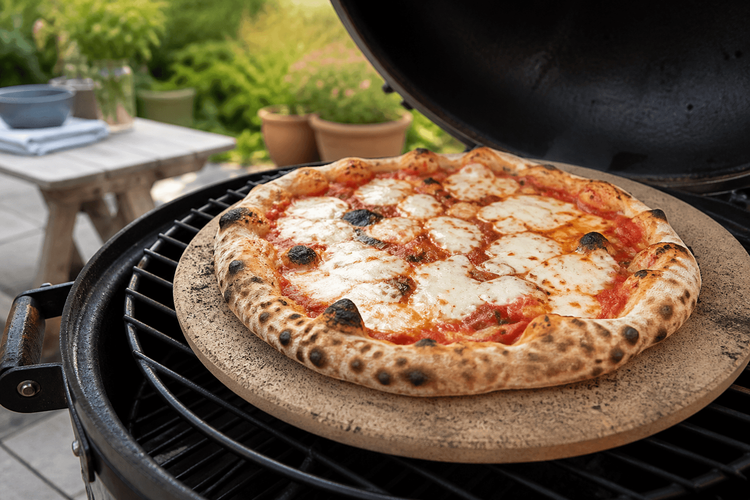 Grillet pizza på pizzasten med boblet skorpe