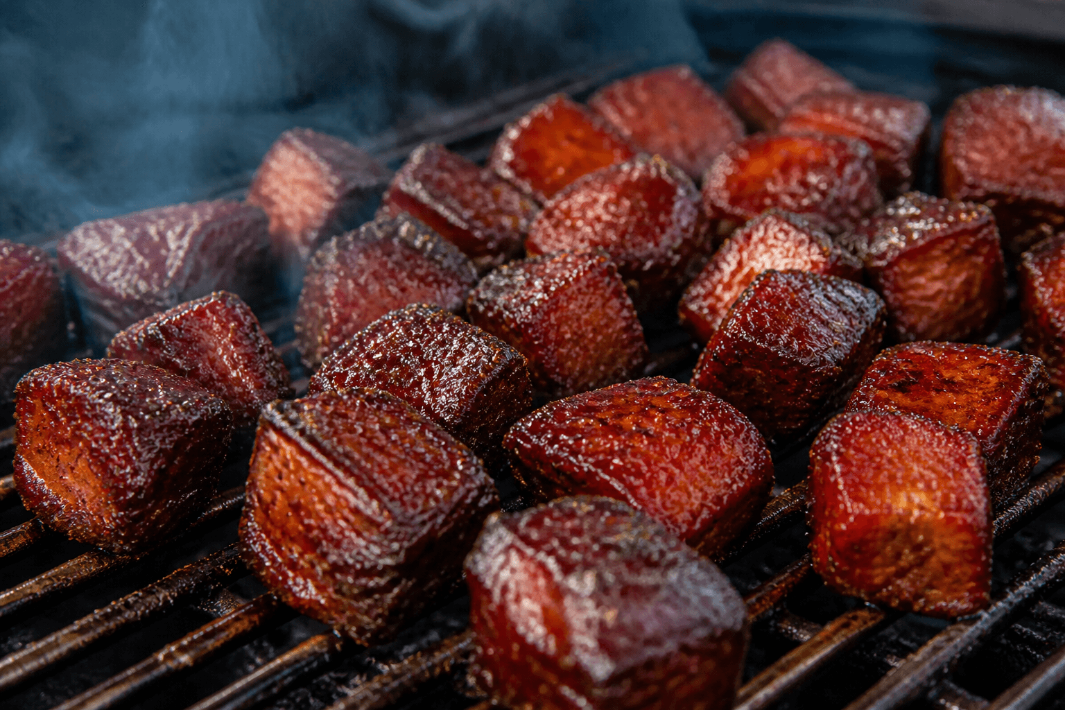 Pork belly burnt ends i sticky BBQ-glaze på grillrist