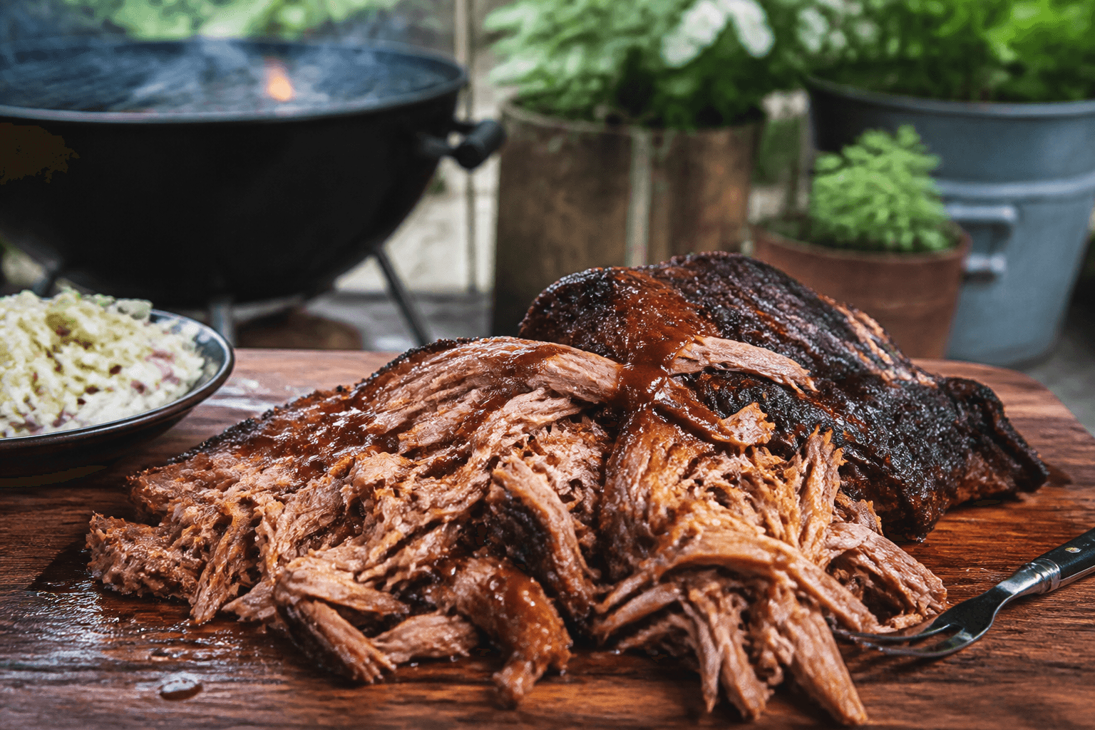 Pulled pork trukket i saftige strimler på fad