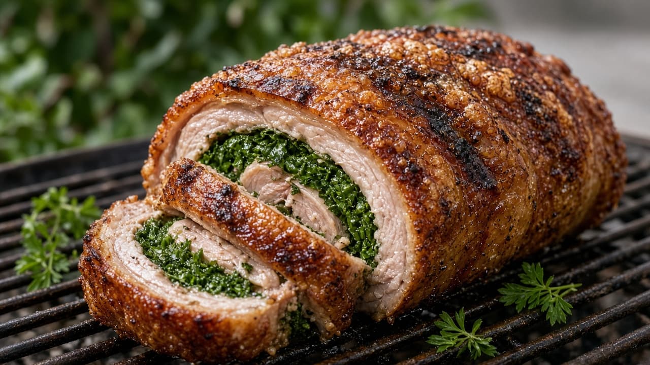 Klassisk rullesteg med persillefyld og sprød svær fra grillen