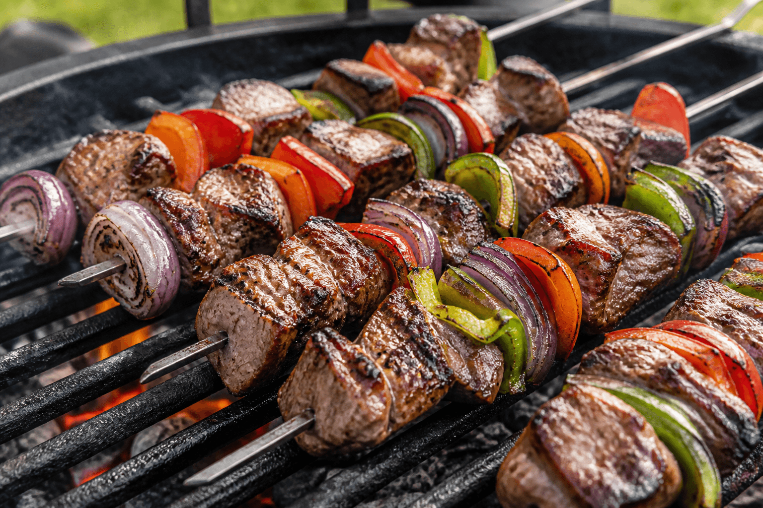 Shish kebab-spyd med oksekød, løg og peberfrugt på grill