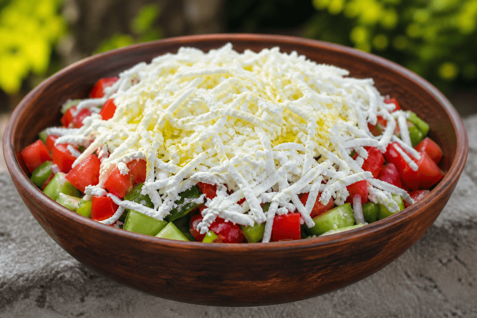 Šopska salat med tomat, agurk og reven hvid ost