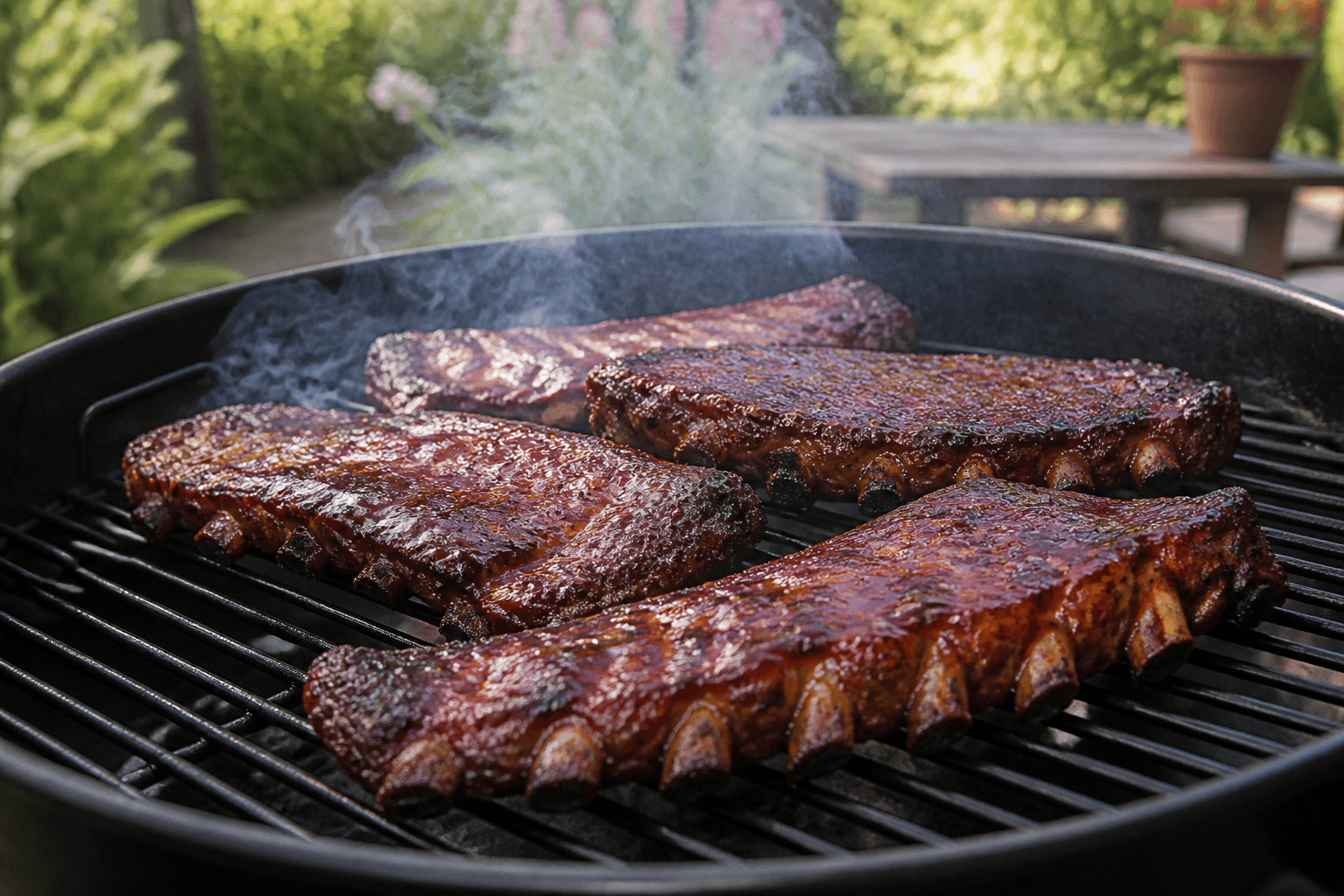 Spareribs på udendørs grill med sticky glaze og røg