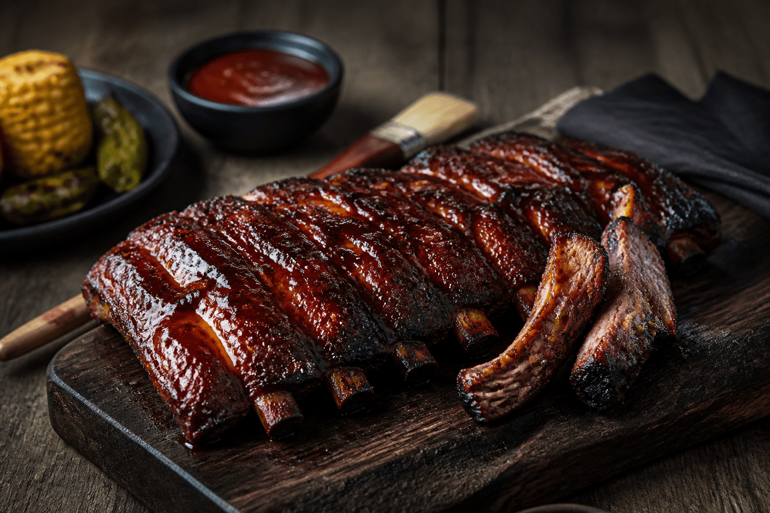 Sticky grillede spareribs med BBQ-glaze på træbræt