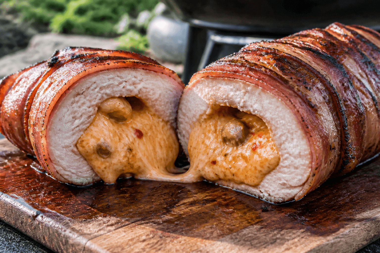Svinemørbrad fyldt med pikantost og svøbt i bacon