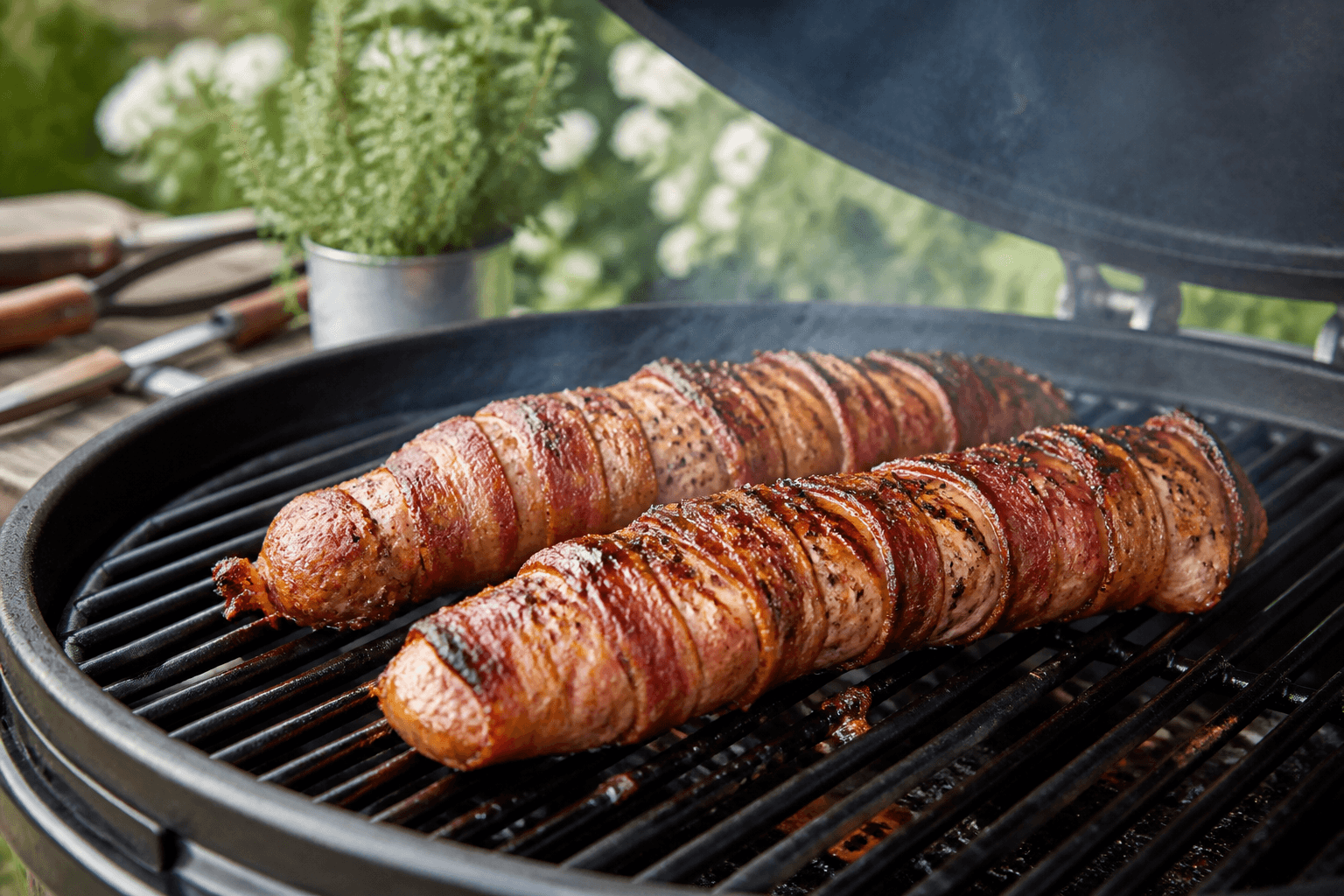 Svinemørbrad svøbt i bacon på grillen med gylden skorpe