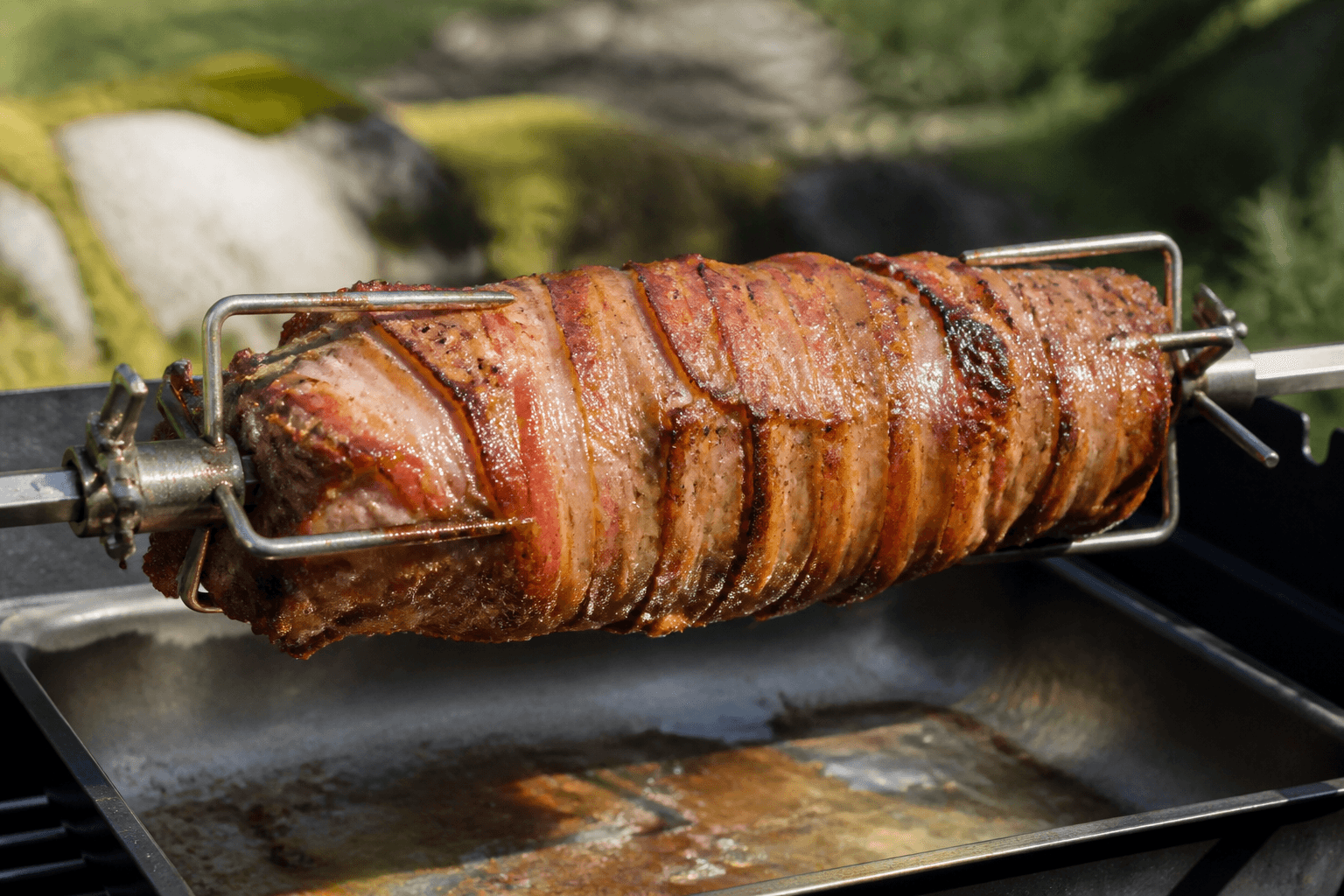 Svinemørbrad på rotisseri svøbt i bacon