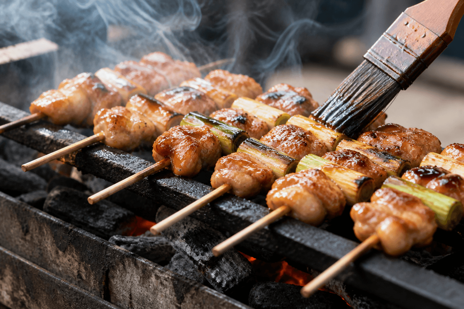 Yakitori-kyllingespyd med tare-glaze over åben grill