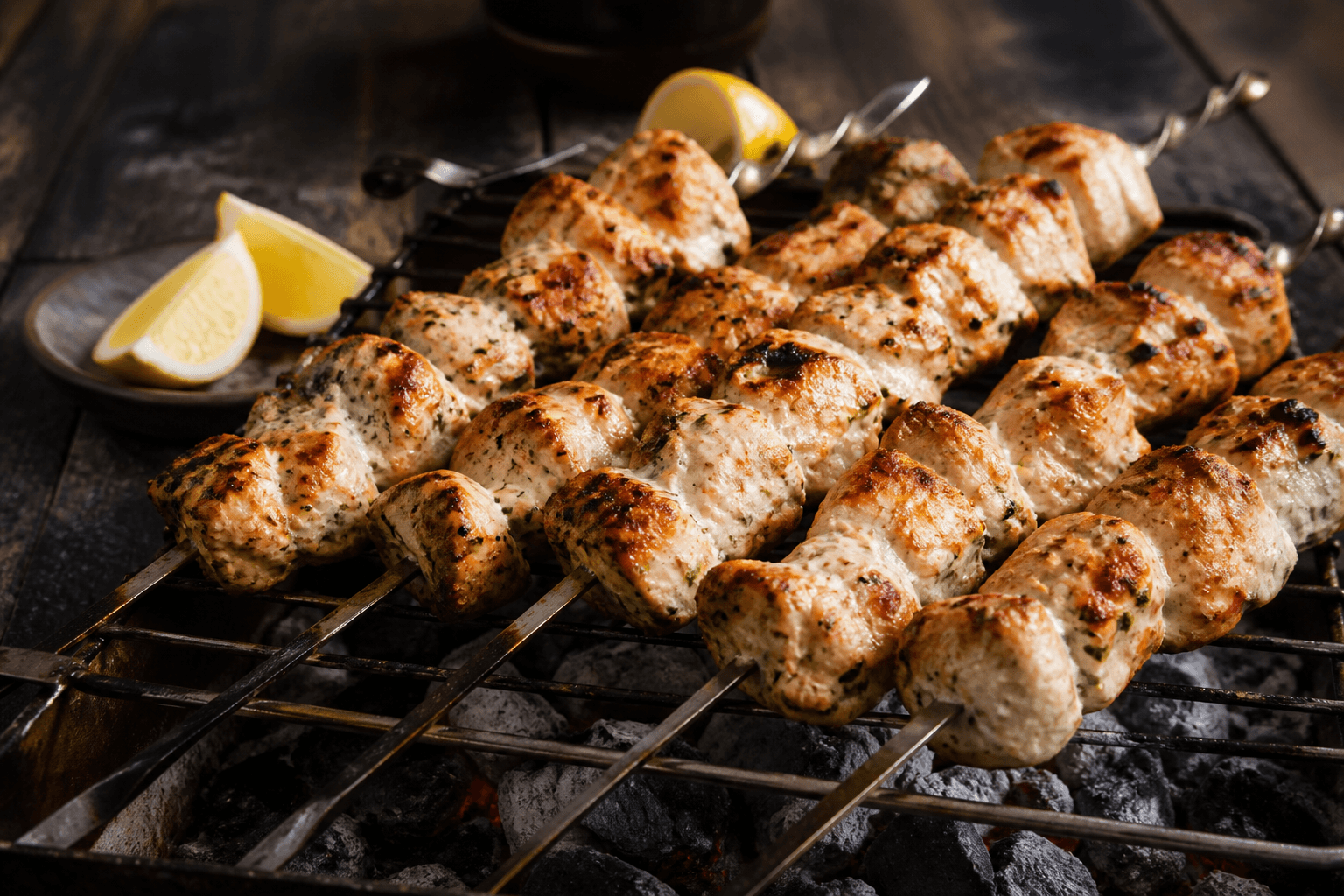 Yoghurtmarinerede kyllingespyd med grillstriber