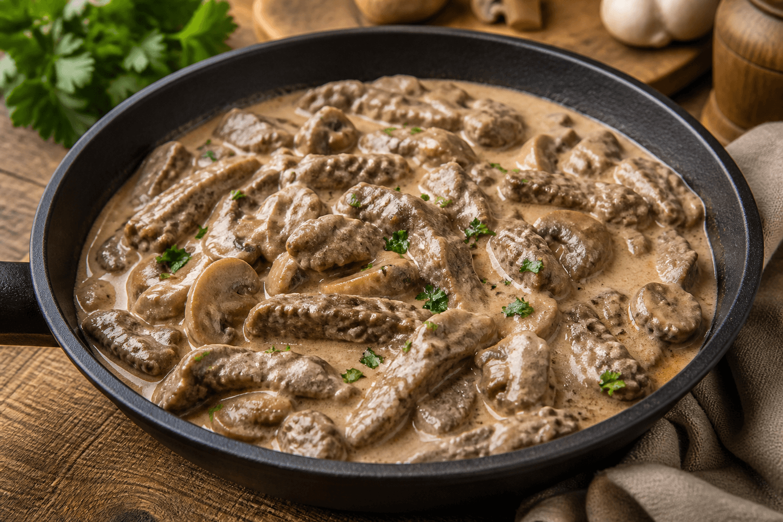 Bøf stroganoff med champignon i cremet sauce