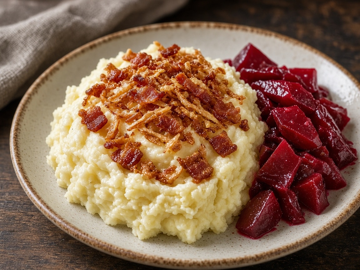 Kartoffelmos med stegt bacon, løg og syltede rødbeder ovenpå
